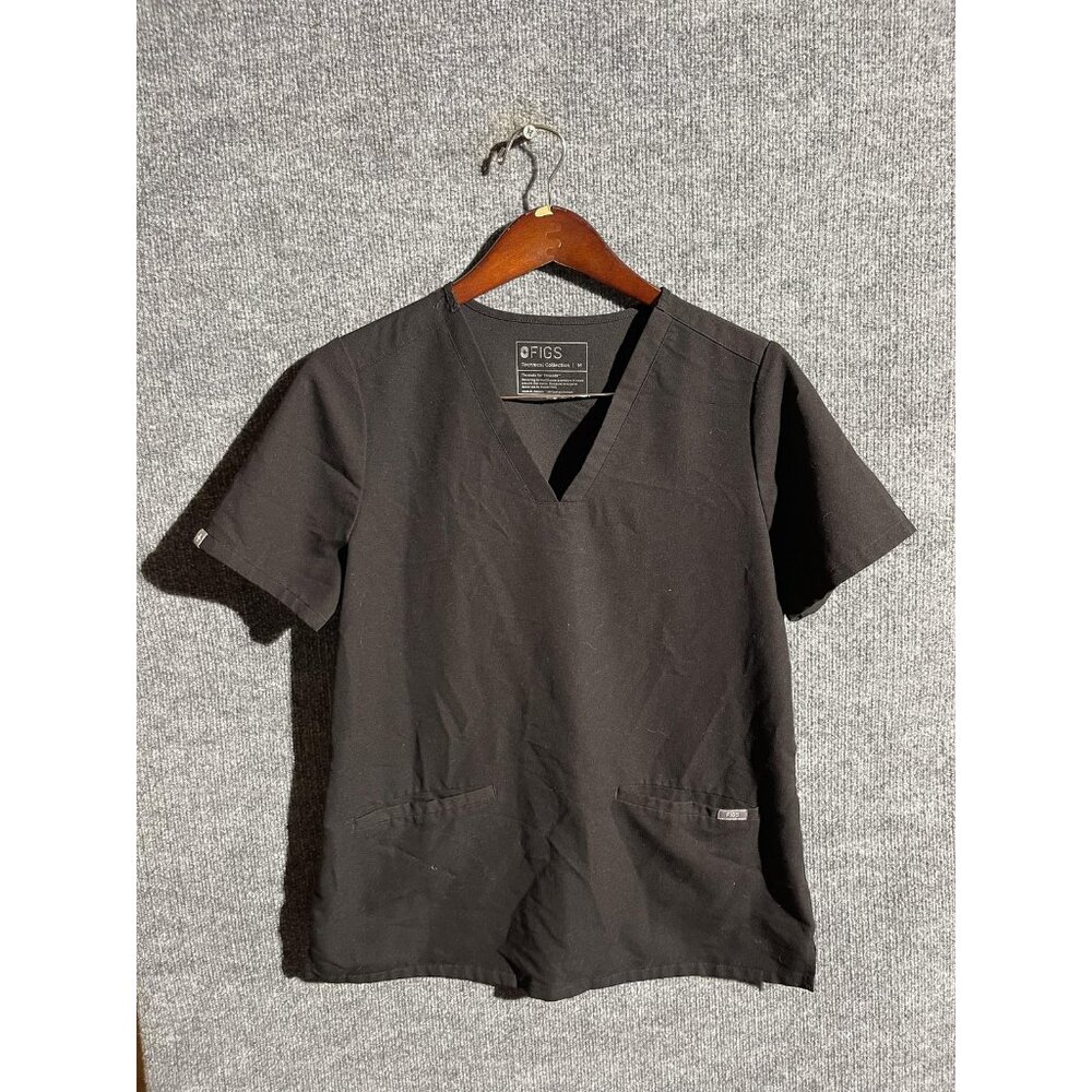 FIGS Scrub Shirt Womens Medium Black Technical V Neck Two Pocket Medical Top